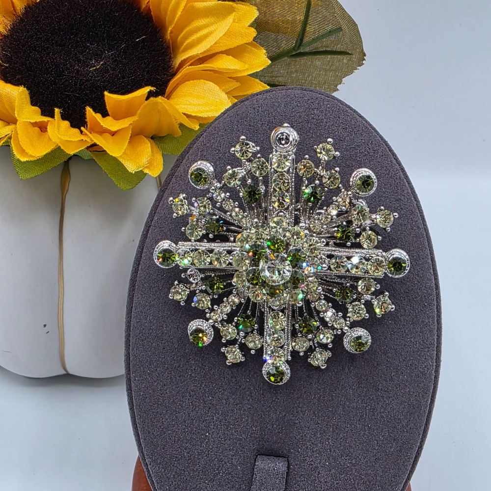 Vintage Rhinestone Starburst Brooch Green Citrine Stones Silver Tone Layered Pin
